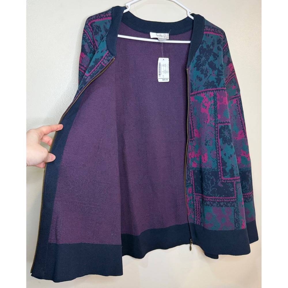 CJ Banks Floral Patchwork Knit Sweater Zip Front Teal Purple‎ Retro Cottagecore - Picture 5 of 10